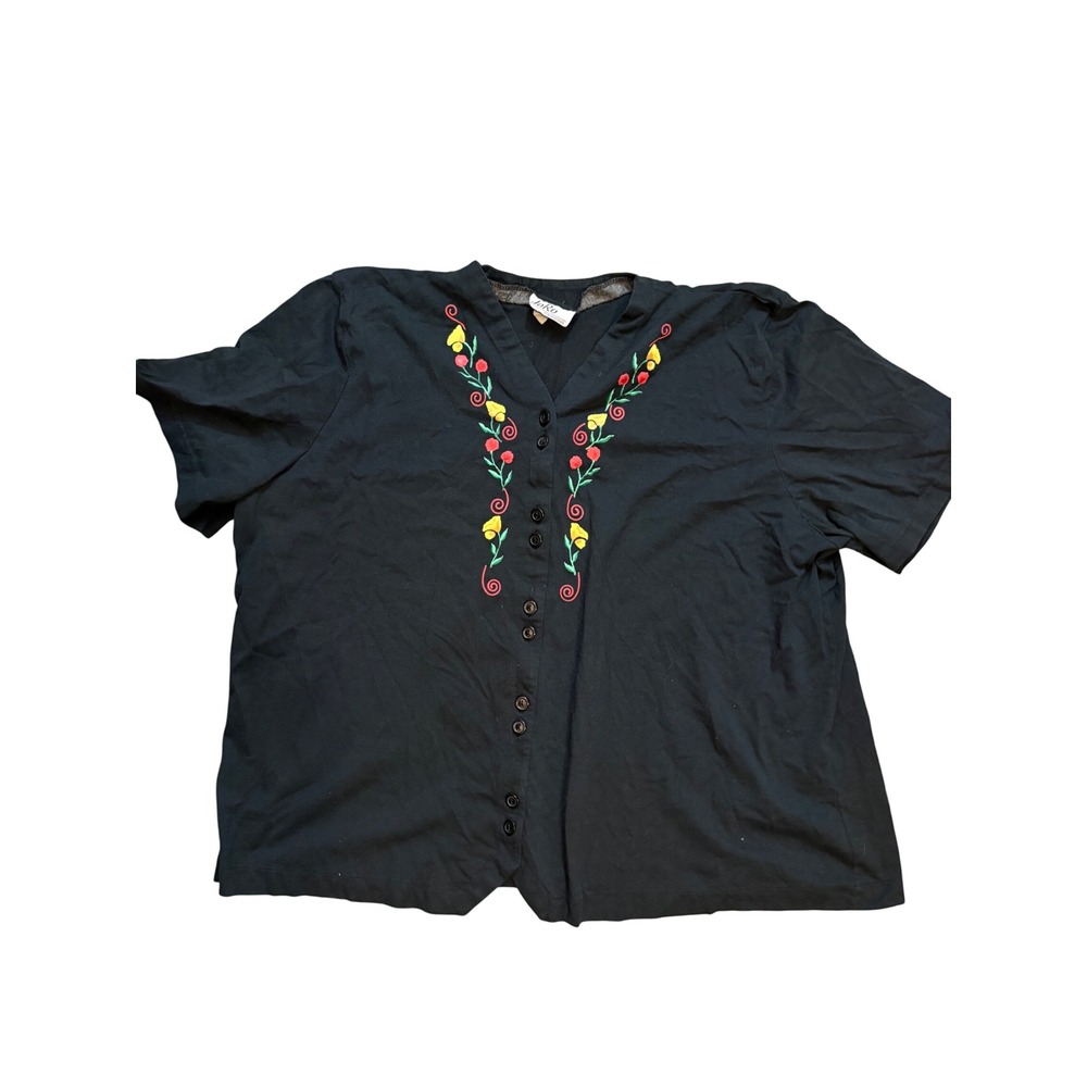 Vintage JoRo Fashions Black Floral Embroidered Blouse Plus Size 80s 90s Boho